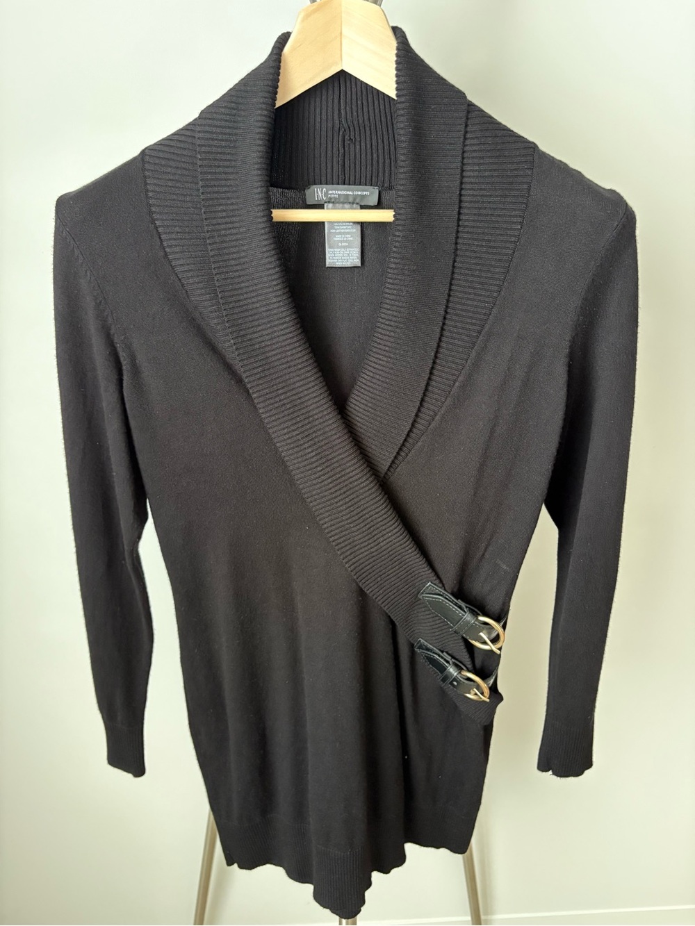INC International Concepts Black Shawl-Collar Buckle Cardigan